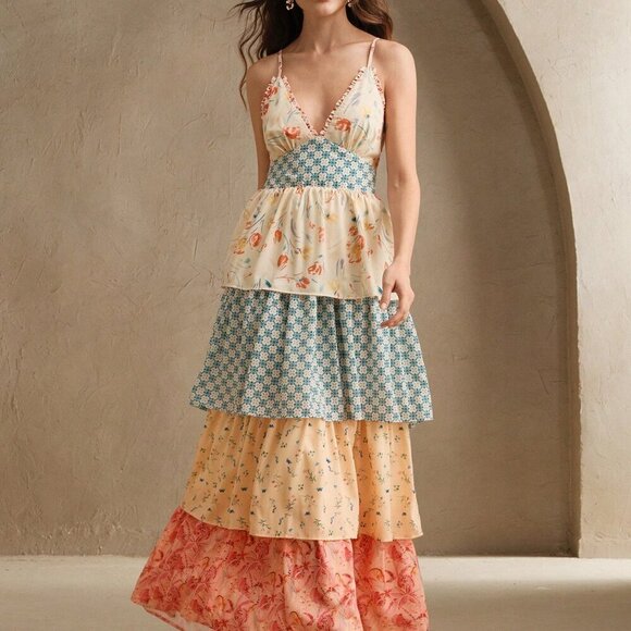 Apricot Boho Women's Floral Print Patchwork Style Long Dress - Picture 4 of 7